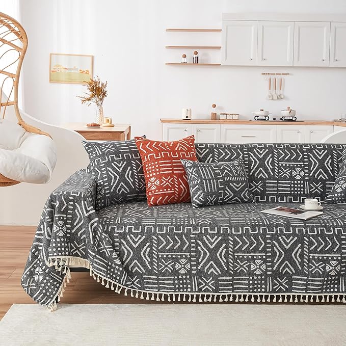 VClife Bohemian Couch Cover Sectional Sofa Cover Washable for L Shape Sofa, 1 PC Soft Chenille Couch Cover for 2 Cushion Couch - Boho Black White Jacquard Loveseat Slipcover for Couch Bed, 71" x 118"