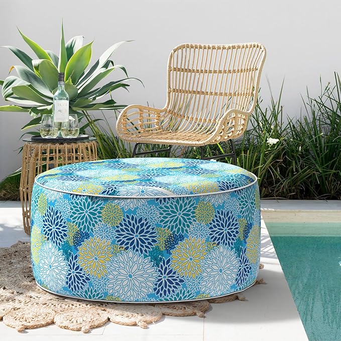 Indoor/Outdoor Inflatable Ottoman D31 x H14 inch, All Weather Ottoman Pouf, Portable Footstool Round Foot Rest Ottomans for Patio, Garden, Porch, Home, Dahlia Blue