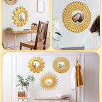 3 Pack Gold Sunburst Mirrors for Wall Decor Circle Flowers Mirrors Decorative Gold Hanging Wall Art Flowers Mirror for Home Living Dinning Room Bedroom Bathroom Boho Decoration Art(Sunburst)