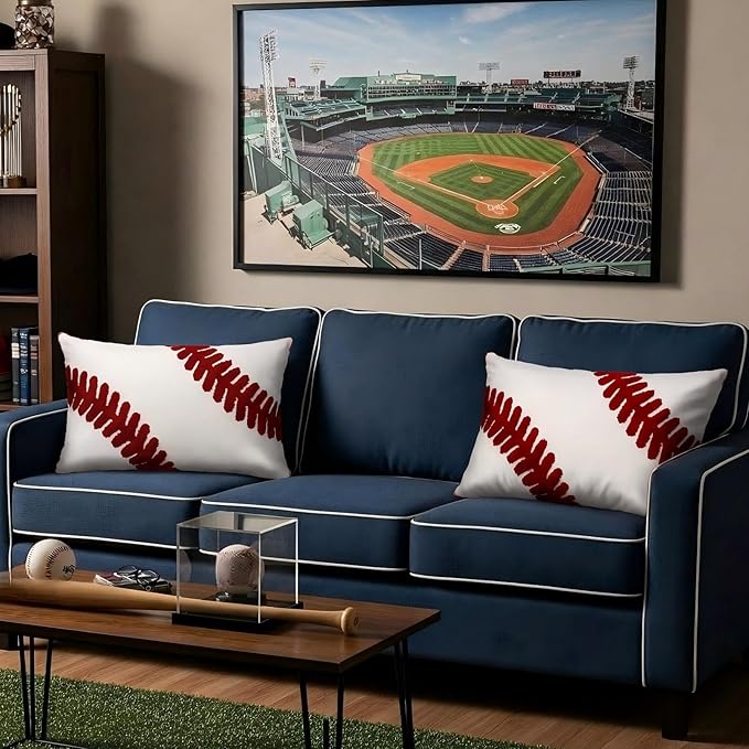 2 Pcs Baseball Velvet Pillow Covers 12 x 20 Inch 3D Tufted Embroidery Sports Theme White and Red Baseball Decorative Throw Cushion Case for Bedroom Sofa Living Room Couch Chair Home Decor