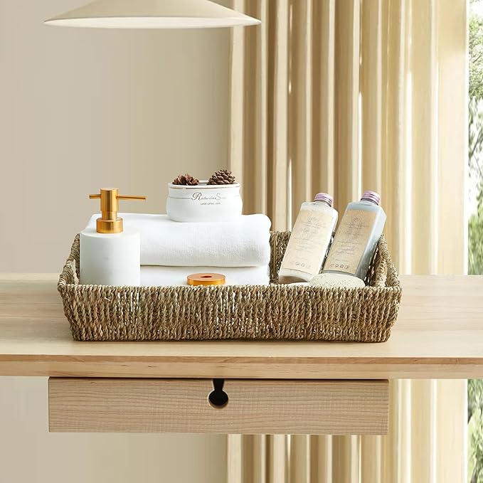 16.93 inch Rectangular Wicker Tray, Hand-Woven Rattan Serving Trays with Handles for Snack Drinks Coffee Table Tray, Seagrass 1Pack