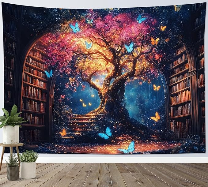 LB Fantasy Library Tapestry for Bedroom Magical Tree Blue Orange Butterfly Wall Tapestry Witchy Vintage Bookshelf Classroom Wall Decor Tapestries for Living Room College Dorm,92Wx70.5H inches