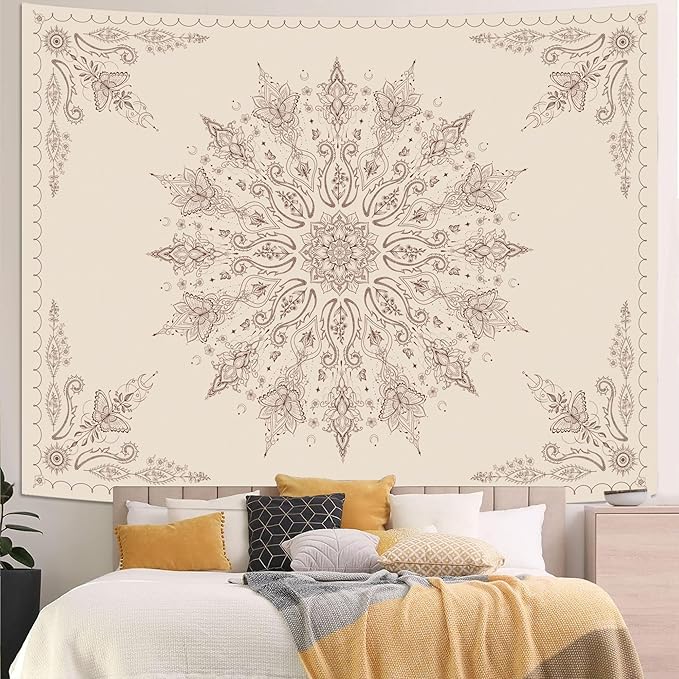 Accnicc Boho Floral Mandala Tapestry for Bedroom Bohemian Butterfly Flower Tapestry Aesthetic Wall Art Large Beige Hippie Indian Tapestries Wall Hanging for Living Room Dorm Decor 80 x 60 Inch