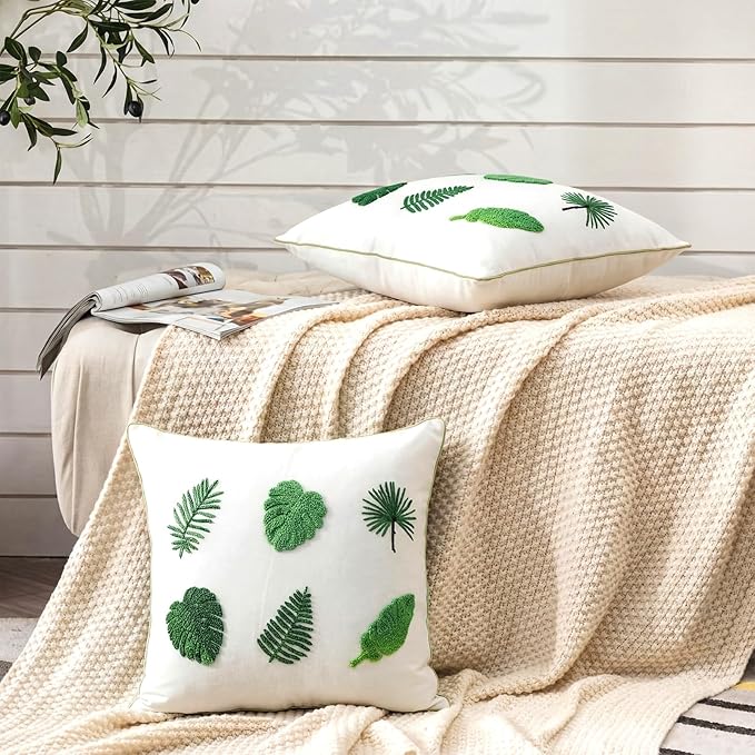 Breling 2 Pack Embroidery Tropical Pillow Covers 18x18 Inch Green Leaves Palm Monstera Leaf Pillows Cover Velvet Tufted Decorative Botanical Plant Cushion Cases for Couch Sofa Bed Summer Holiday Decor