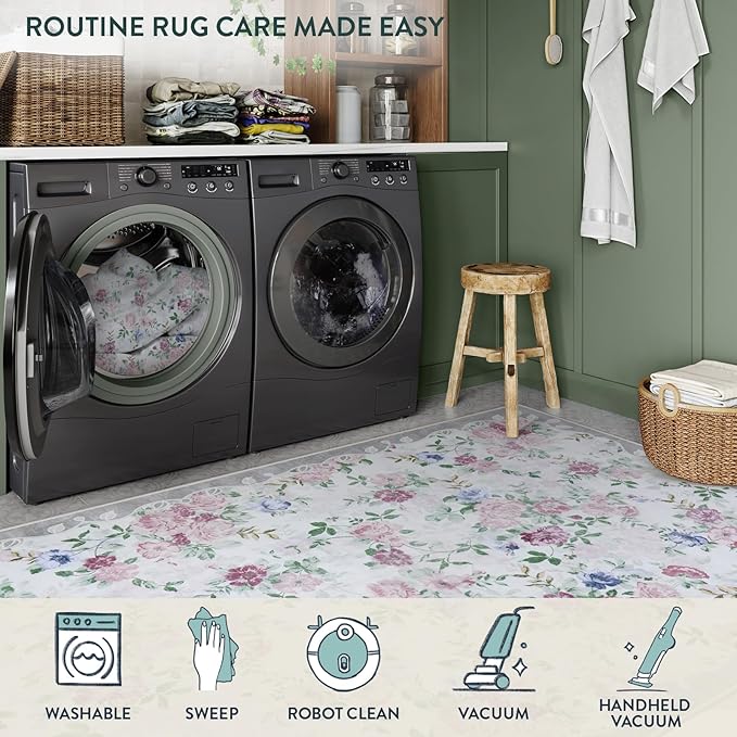 Lahome Purple Floral 5x7 Area Rugs, Boho Rugs for Bedroom Girls,Vintage Living Room Rug Non Slip Low Pile Ultra-Thin Large Carpet for Farmhouse,Dining Room,Kids,Nursery Nina(5'X7',Purple/Grey)