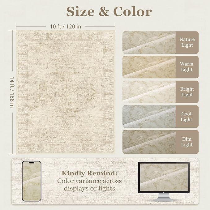 Beige Large 10x14 Area Rugs, Washable Non Slip Big Rug for Living Room Bedroom, Distressed Medallion Vintage Neutral Big Carpet Rugs for Dinig Room Family Rooms, Low Pile Thin