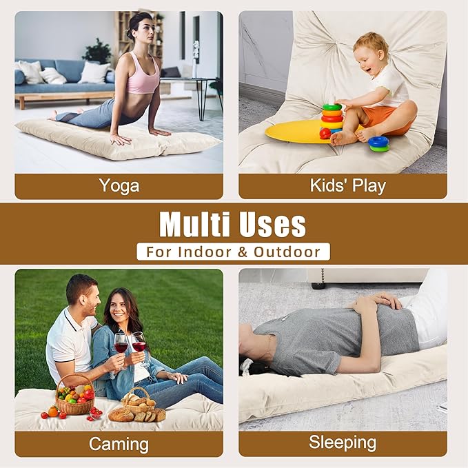 HOMBYS Floor Lounger Pillow Foldable and Tufted Design Long Floor Cushion for Yoga, Reading, Sleeping, Meditation, Elastic Band for Roll Up and Easy Storage, Machine Washable (Beige, 74"x27")