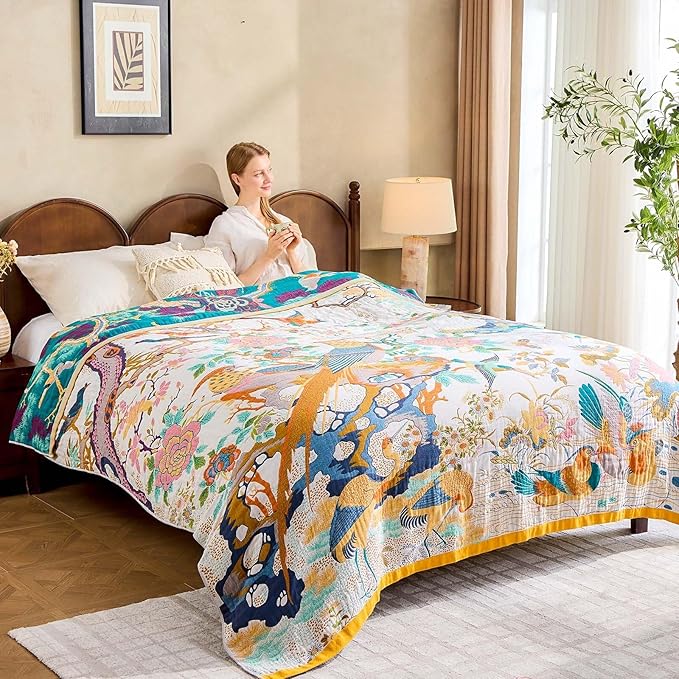 Fall Throw Blanket for Couch, Yellow Boho Decorative Throw Blanket, 100% Cotton Muslin Breathable Woven Farmhouse Blankets Quilt, 90"x98" Reversible Lightweight Blankets Bohemian Throw Quilt