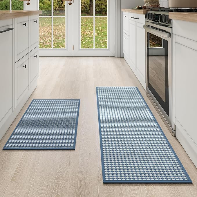 Kitchen Mat Kitchen Rugs Sets of 2 PCS Non Slip Washable, Super Absorbent Soft Braided Kitchen Mats for Floor, Rubber Backing Comfort Standing Kitchen Sink Mat Runner Rug, Blue 17"x28"+17"x47"