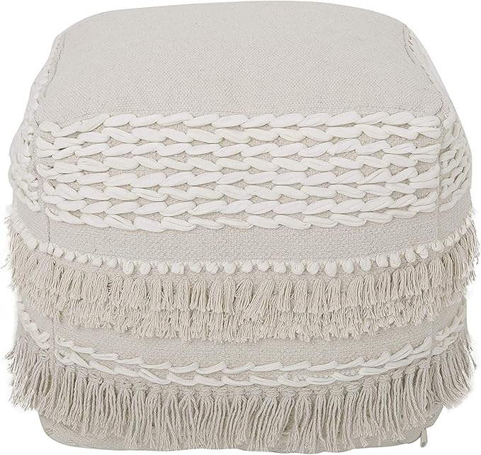 REDEARTH · UNSTUFFED Pouf Ottoman Cover Boho Textured Storage Cube Poof, Farmhouse Accent Pouffe Footrest for Living Room, Bedroom, Nursery, kidsroom, Nook; 100% Cotton (18x18x18; Natural)