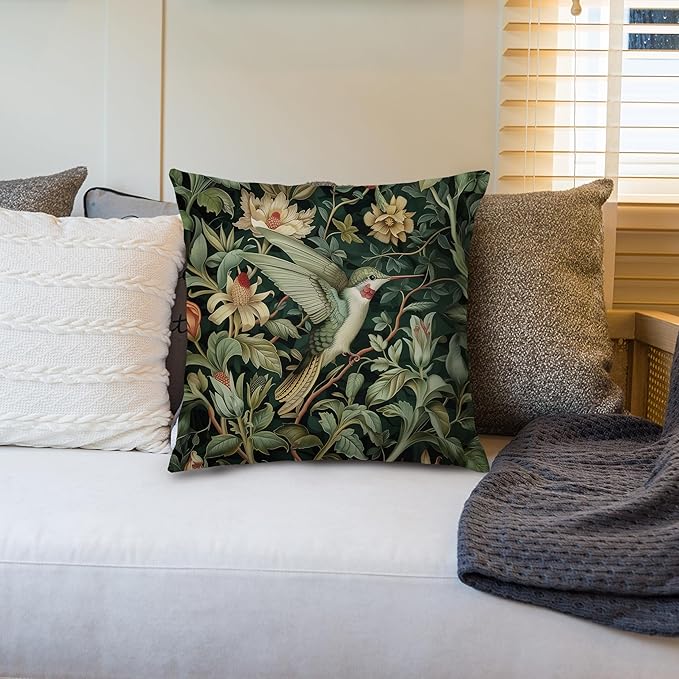 Vintage William Morris Hummingbird Pillow Cover 18x18,Rustic Green Hummingbird Bird Animal Floral Botanical Print Decorative Throw Pillow Covers for Home Bedroom Living Room