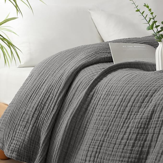 PHF 100% Cotton Muslin Throw XL Blanket Large 50" x 70", 4-Layer Lightweight Gauze Throw, Breathable Cloud-Soft Minimalist Blanket for Bed, Couch, Camping & Baby, Greyish Black, Ideal Gift