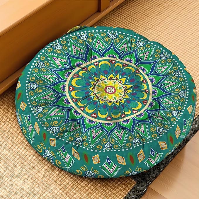 Mandala Meditation Cushion, Boho Meditation Mat, Meditation Pillows for Sitting on Floor, Cushions for Sitting in Home and Outdoor, Round Floor Pillows Cushion Seating for Yoga Accessories 22'' X 22''