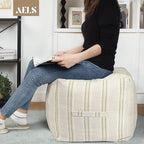 AELS Unstuffed Farmhouse Pouf Cover for Living Room, Boho Storage Bean Bag Cubes, Beige with Brown Stitch Yarn Dyed Stripe Square Ottoman Pouf Foot Rest Footstool, 18"x18"x18", Cover ONLY