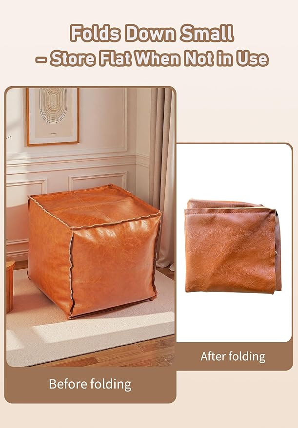 Unstuffed Pouf Ottoman Cover – Durable Faux Leather, Scratch-Resistant & Easy to Clean – Modern Square Pouf Cover with Storage and Functionality, Ideal for Apartment Living