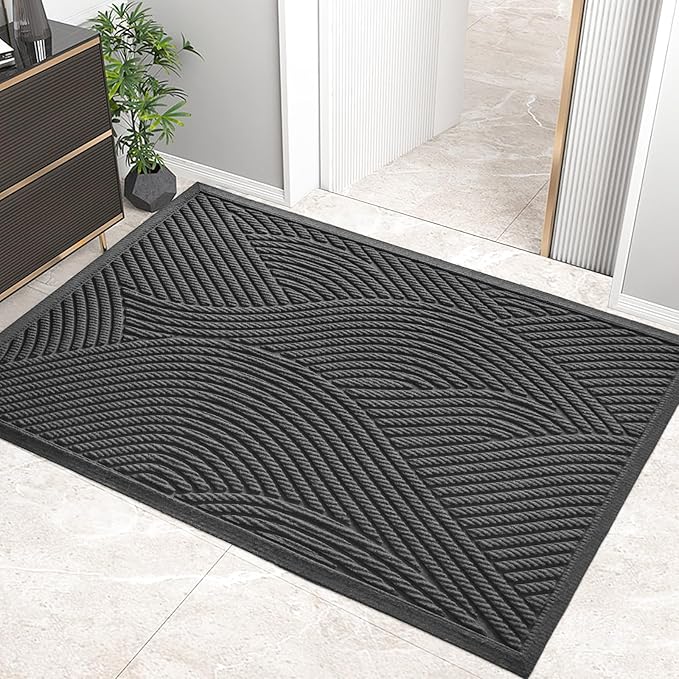 Sturdy Front Door Mat, Absorbent Muddy Dirt Resist Welcome Door Mats Outdoor Indoor, Stain and Fade Resistant, Non-Slip Backing Entry Mat Low Profile Doormat for Entryway, 60×36, Grey