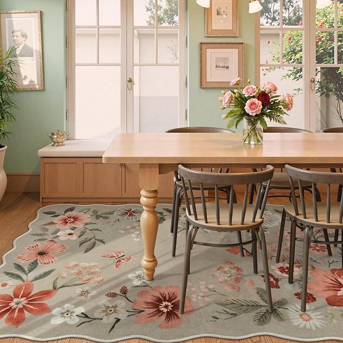 Lahome Floral Washable Rugs 8x10, Non-Slip Soft Bedroom Rug Stain Resistant, Ultra-Thin 8x10 Rugs for Living Room Boho Rug Accent Carpet for Dining Room Office Flore (8x10ft,Brown)