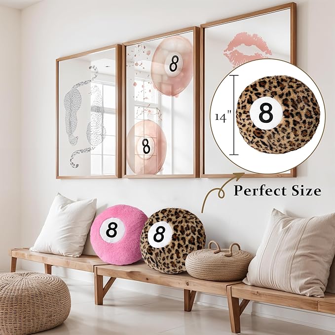 Dripykiaa Cheetah 8 Ball Throw Pillow, 14" Leopard Print 8 Ball Pillow Round Plush Decorative Cushion, Soft Trendy Throw Pillow for Bedroom & Living Room, Modern Aesthetic Home Decor for Women & Teens