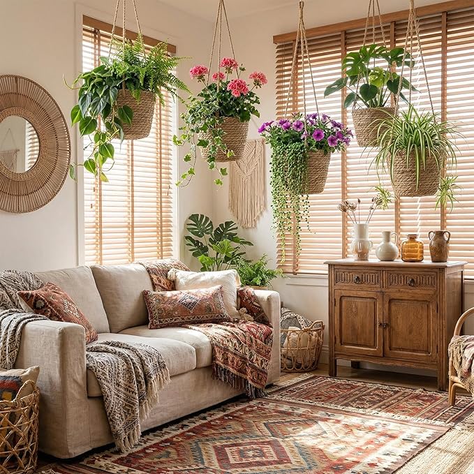 6 Pcs Seagrass Hanging Planter Basket Hand Woven Plant Basket with Plastic Liners Hanging Plant Holder Storage Containers with Cotton Rope for Indoor Outdoor Garden Home Decor (Brown)