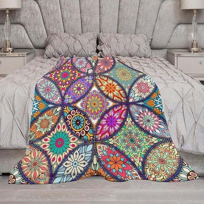 Boho Floral Throw Blanket Bohemian Colorful Mandala Flowers Print Theme Blanket for Sofa Bed Couch Chair Or Dorm 70"x80"
