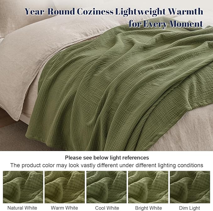 PHF 100% Cotton Muslin Throw XL Blanket Large 50" x 70", 4-Layer Lightweight Gauze Throw, Breathable Cloud-Soft Minimalist Blanket for Bed, Couch, Camping & Baby, Olive Green, Ideal Gift