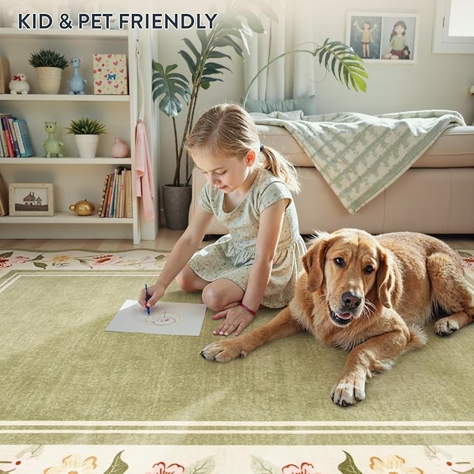 Lahome Floral 2x3 Rug, Green Kitchen Rugs Ulta-Thin Washable Indoor Mats for Entryway Non-Slip, Boho Scalloped Stain Resistant Small Throw Rugs for Bathroom Bedroom Ariele（Green）