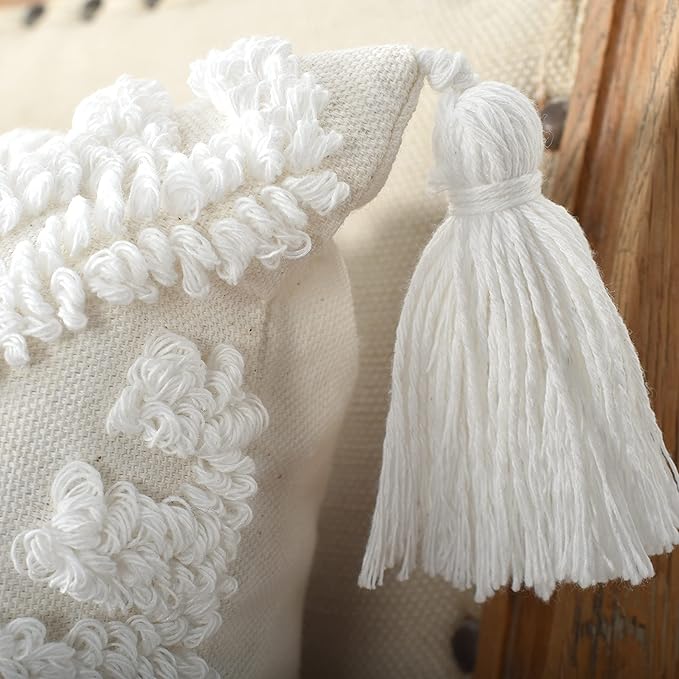 Boho Sofa Throw Pillow Covers – Exquisitely Crafted with Hand-Finished Tuft with Thick Cotton Tassel Details – Soft & Stylish Moroccan Decorative, 18x18inch (Spring Ruched)