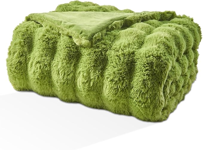 EMME Faux Fur Blanket Queen Size Dark Green - Big Bubble Rabbit Cozy Blanket for Couch, Thick Furry Plush Shaggy Blankets, 650GSM, 90x90 Inches