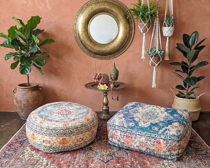 Blue Square Floor Pillow Cover Large Yoga Décor Cushion Moroccan Pouf Ottoman Boho Furniture Perfect for Living Room, Bedroom, Nursary or Children Room Seating Area Beanbag Footstool 24x8 Unstuffed
