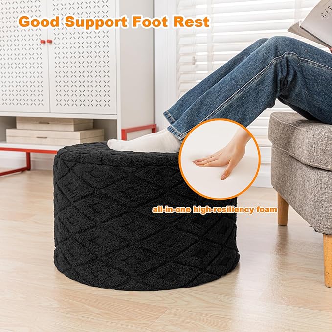 Fluffy Round Ottoman Pouf with All-in-One Foam Filling 20" x 14" Furry Ottoman Foot Rest Foot Stool for Living Room or Bedroom (Black)