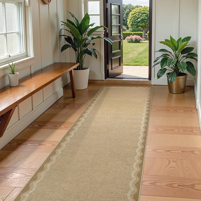 LIVEBOX Scalloped Washable 2x8 Kitchen Runner Rug, Easy Jute Geometric Tan Rug for Hallway Runner Entryway, Indoor Outdoor Non Slip Rugs Farmhouse Modern Carpet Door Mat for Porch Laundry Room