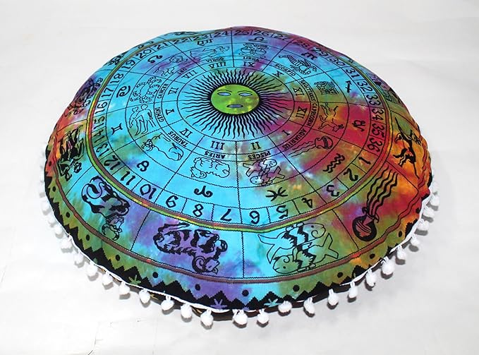 CRAFT KALA 32" Round Large Round Bohemian Floor Pillow Pouf Cover Mandala Meditation Room Pillow Cover for Adults Boho Seating Poufs Cushion Cover for Kids Playroom Multi Zodiac