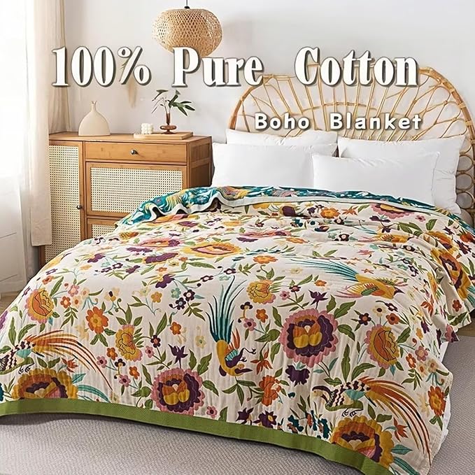 Boho Blanket for Bed 100% Cotton Bohemian Throw Blankets Ultra Soft Woven Muslin Decorative Blankets All Seasons Vintage Quilt Knitted Blanket for Sofa Chair(Beige, 60"x80")
