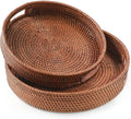 HITOMEN Hand-Woven Round Rattan Serving Tray Decorative Ottoman Wicker Platter with Handles for Coffee Table, Breakfast, Drinks, Snack, Bread, Fruit, Vegetables (Brown Set of 2: M+L)