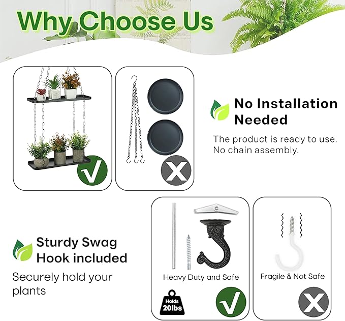 Shinehola Hanging Planters for Indoor Outdoor Plants (Length - 15.5"), Plant Hanger Indoor | Large Metal Hanging Plant Holder, 2-Tier Hanging Planter Shelf, No Plant/Pot Included (Black, 2-Tier)