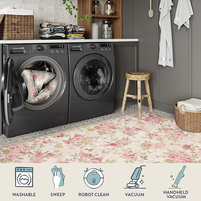 Lahome Vintage Floral 8x10 Area Rugs,Soft Living Room Rugs Boho Large Area Rug Machine Washable, Low Pile Pink Rugs for Bedroom Girls Carpet for Nursery Rug Playroom Dining Room Nina(8'X10',Beige)