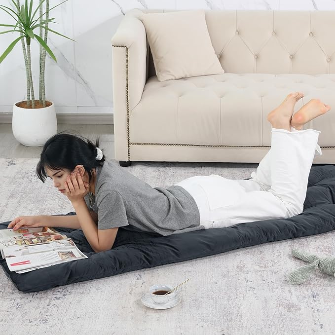 HOMBYS Floor Lounger Pillow Foldable and Tufted Design Long Floor Cushion for Yoga, Reading, Sleeping, Meditation, Elastic Band for Roll Up and Easy Storage, Machine Washable, Dark Grey, 74"x27"