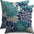 Navy Blue Teal Pillow Covers 22X22 Inch Set of 2, Modern Dahlia Floral Print Decorative Throw Pillow Covers Outdoor Farmhouse Cushion Case for Home Couch Sofa Bed Decoration