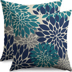 Navy Blue Teal Pillow Covers 22X22 Inch Set of 2, Modern Dahlia Floral Print Decorative Throw Pillow Covers Outdoor Farmhouse Cushion Case for Home Couch Sofa Bed Decoration