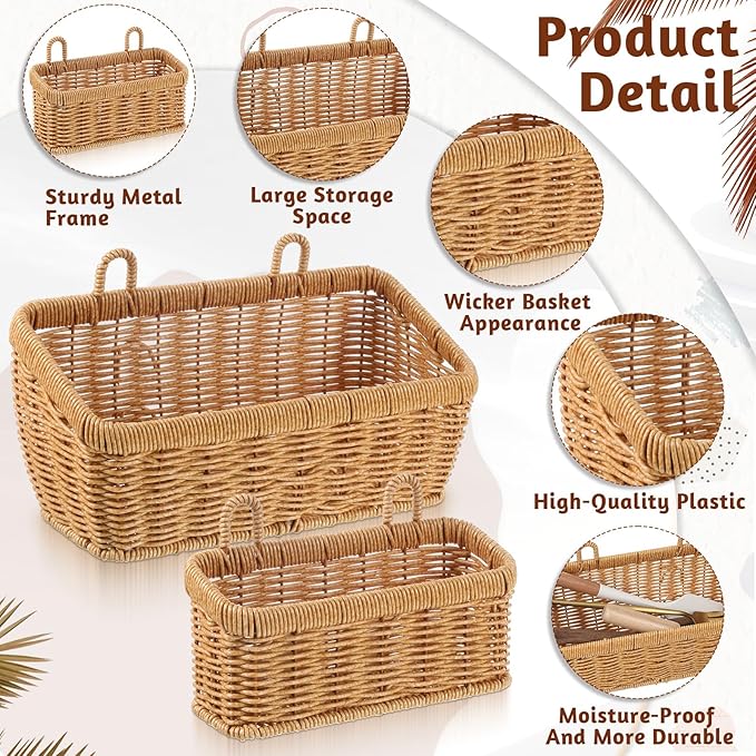 2 Pcs Wall Hanging Baskets for Storage, Woven Hanging Basket with 4 Hooks Boho Style Hangings Storage Basket Plastic Woven Baskets for Home Decor Bathroom Kitchen Decor