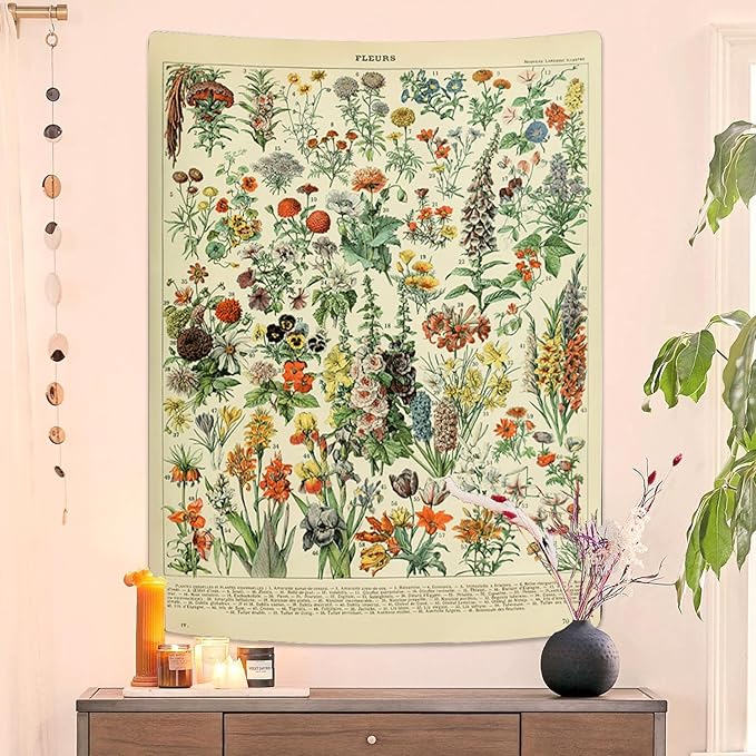 Vintage Flowers Tapestry 48”x36”, Long Vertical Wall Hanging Reference Illustrative Botanical Tapestries for Bedroom Aesthetic Floral Tapistry Botanical Plants Tapestry Wall Hanging Cute Bedroom Decor