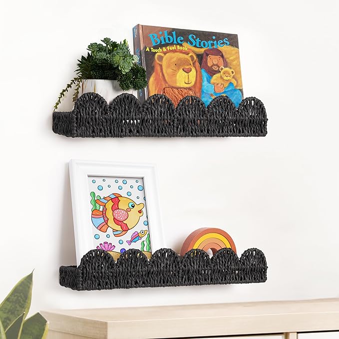 AELS Scalloped Nursery Bookshelf, Set of 2, Picture Ledge Shelf for Wall Decor, Woven Natural Fibre Floating Shelves for Books, Toys, Photo Frames, Nursery, Boho Modern Farmhouse Book Shelf, Black