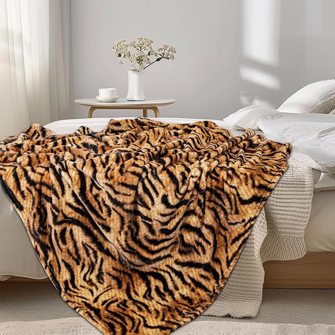 MACEVIA Flannel Fleece Throw Blanket for Couch, Brown Tiger Print Blanket, Fuzzy Cozy Comfy Super Soft Fluffy Plush Animal Print Blankets for Bed Sofa, Suitable for All Seasons (Tiger,50x60inches)