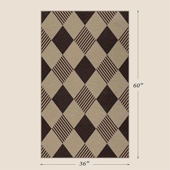 Washable Easy Jute 3x5 Entryway Rug - Door Mat Indoor Entrance, Diamond Rug for Entry Way, Kitchen, Low Pile Light Brown Geometric Striped Woven Front Door Décor