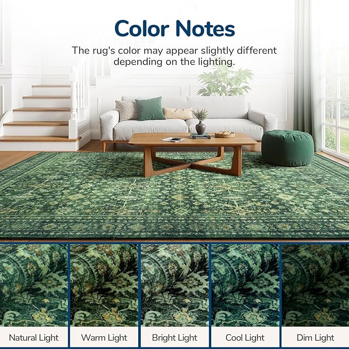 Lessymo Washable Area Rug for Living Room,8x10 Green Large Rugs with Non-Slip Backing,Soft Boho Carpets for Bedroom Dining Room Nursery Home Office