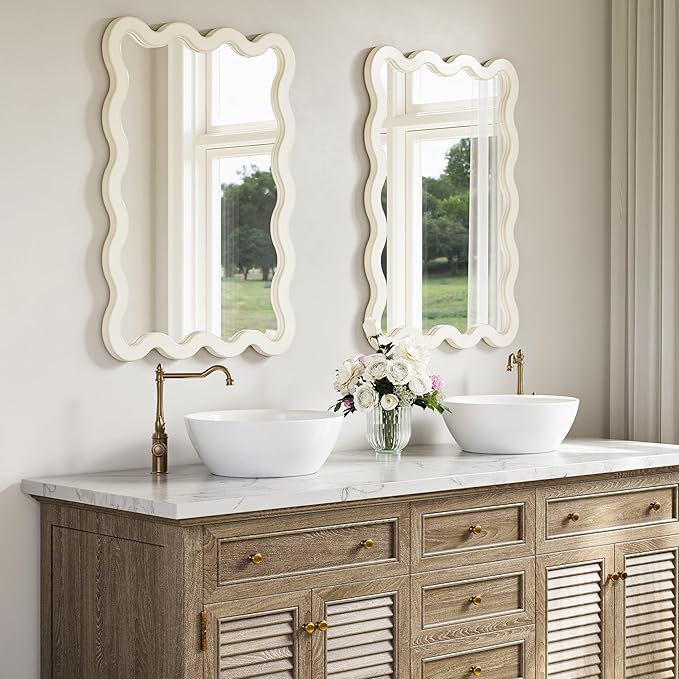 24"x36" White Wavy Wall Mirror for Bedroom Vanity, Large Cream Solid Wood Asymmetrical Mirror, Cute Squiggle Mirror for Room Decor, Aesthetic Funky Curvy Frame