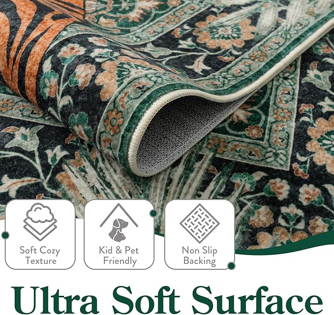 Moynesa Tiger 5x7 Area Rug, Boho Washable Living Room Rug, Non Slip Green Rugs for Bedroom, Ultra Thin Vintage Soft Stain Resistant Throw Floor Carpet for Office Dining Room