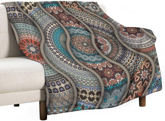 Colorful Bohemian Throw Blanket Vintage Floral Mandala Flower Aztec Boho Blanket for Sofa Bed Couch Chair Or Dorm 70"x80"