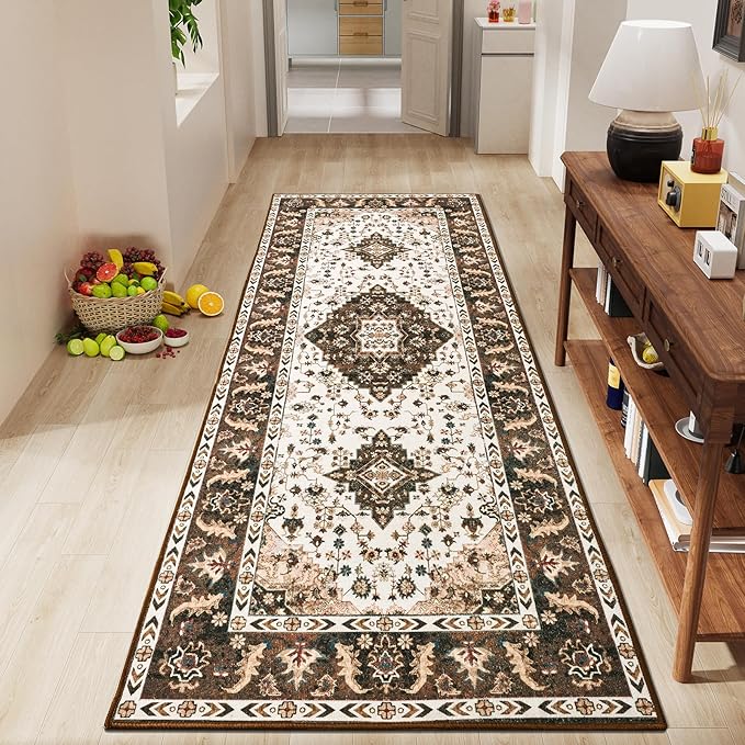 Amearea Vintage Design Runner Rugs for Living Room, 2x6 Machine Washable Floral Collection Traditional Bedroom Rug, Low Pile Cute Kids Room Print Carpet, No Slip Office Kitchen Home Decor, Brown