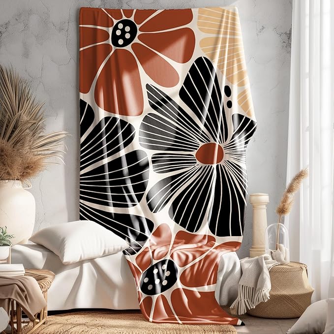 Boho Floral Blanket, Retro Abstract Flower Botanical Throw Blankets Gifts for Bed Couch Bedroom Living Room Home Decor, Boho Home Room Bedroom Decor, 50x60 Inches